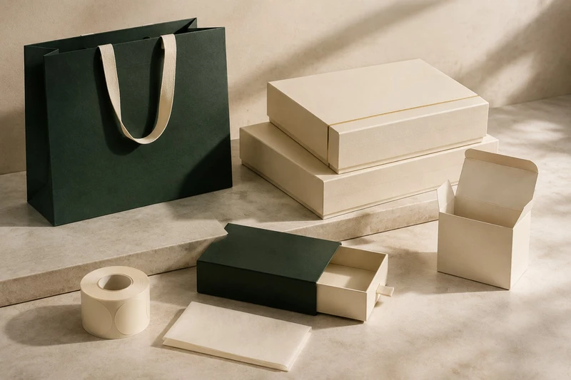 A coordinated set of boxes, paper bags and packaging details