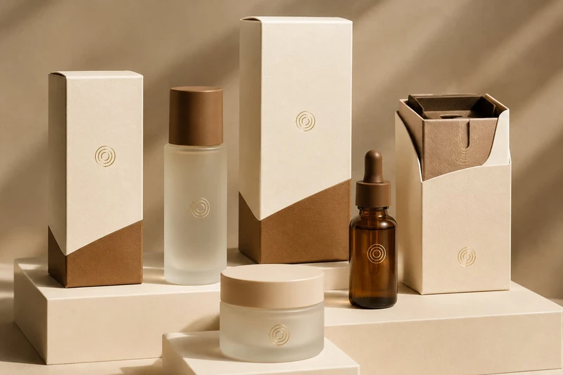 Coordinated cream and kraft skincare boxes with matching bottle labels
