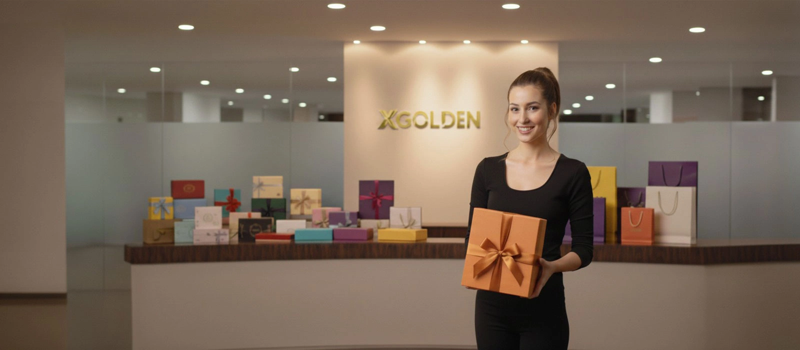 XGolden packaging showroom with gift boxes and a staff member holding a ribboned box